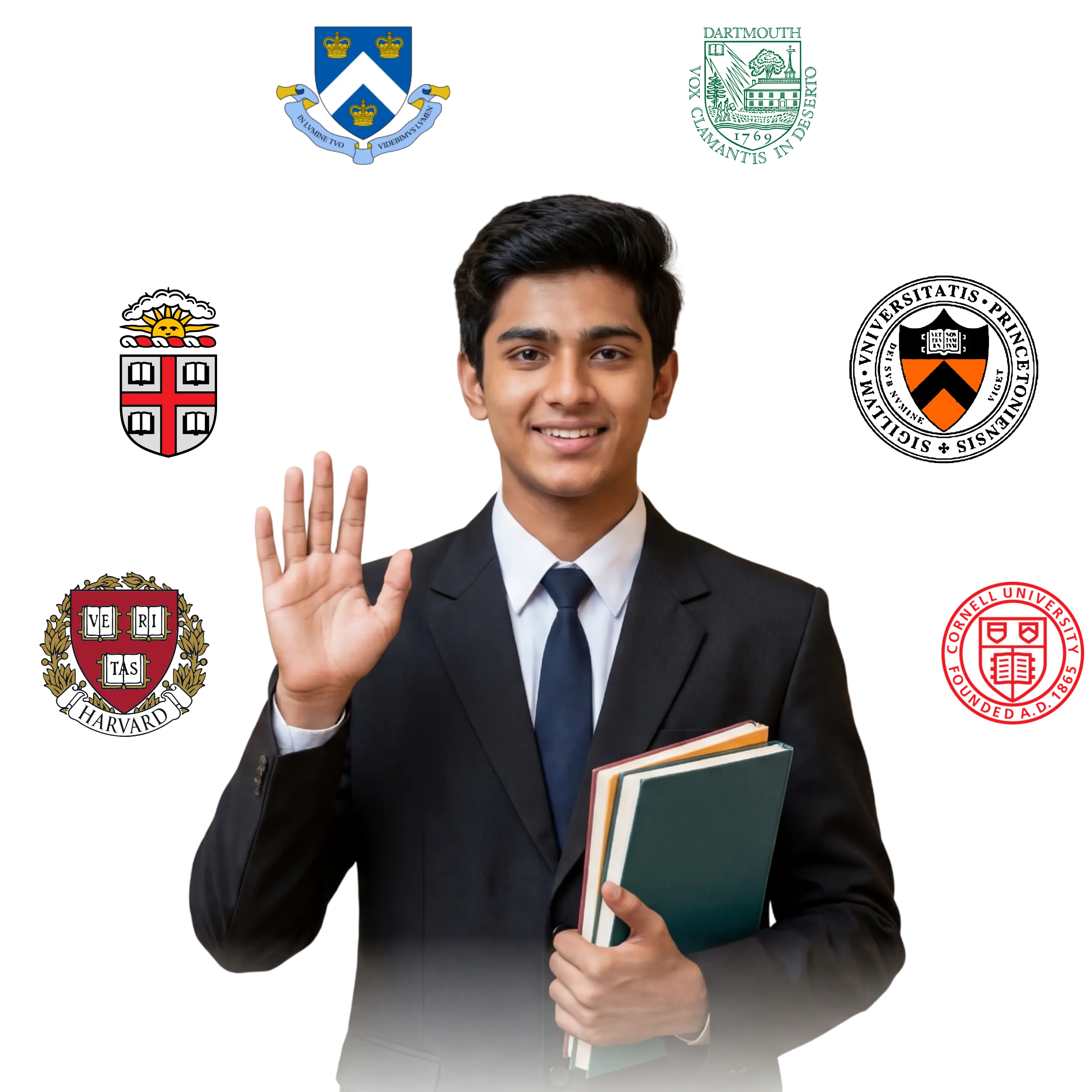 A college student in a professional suit surrounded by university logos
